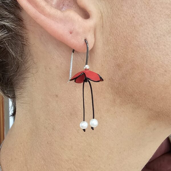 Oxidised Silver and Red Leather Poppy & Pearls